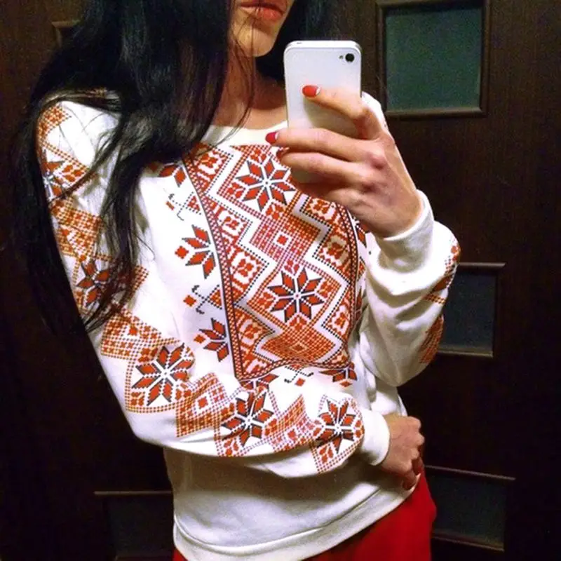 

Winter Women Christmas Long Sleeve Snowflake Printed Round Neck Cotton Sweatshirts Female Pullover New Jumper Sweatshirt Hooded