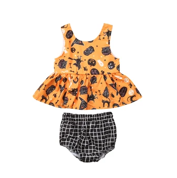 

Two Piece Newborn Baby Girls Halloween Sleeveless Dress Plaid Shorts Outfits Clothes Set
