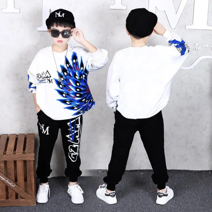 C1 2 Pcs Children Autumn Clothes Set Big Boys Girls Peacock Hoodies Haren Pants Cotton Dance vetement garcon 6 8 10 12 13 14 Years - Цвет: C1