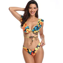 Женский костюм Лето Ретро тесьма, бандаж печати Холтер шеи из двух частей костюм D.14