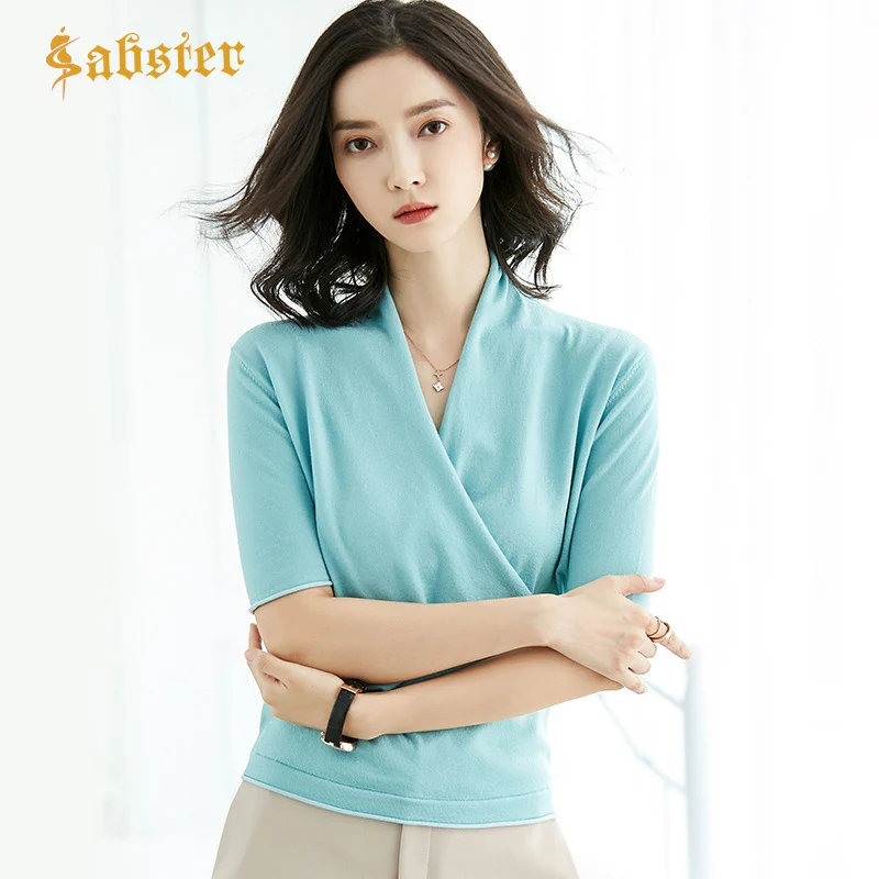 

2019 New Fashion Office Lady Tops T shirt Solid Cross V-neck Pullover Knit T Shirt Half Sleeve Casual T shirt XZ111