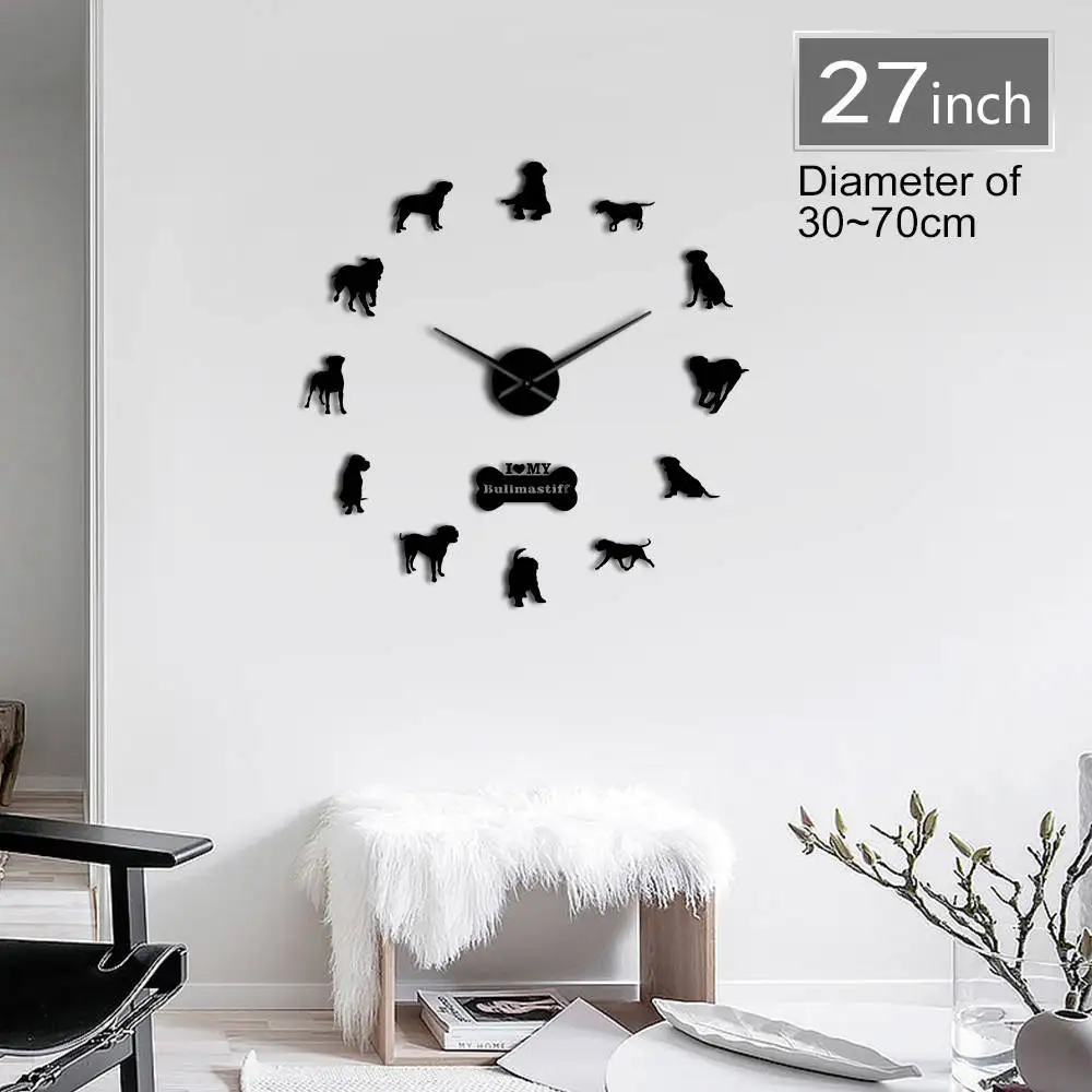 

Framless Bullmastiff Dog Modern 3D DIY Wall Clock Animals Hospital Pet Shop Fashion Wall Decoration Self Adhesive Acrylic Clock