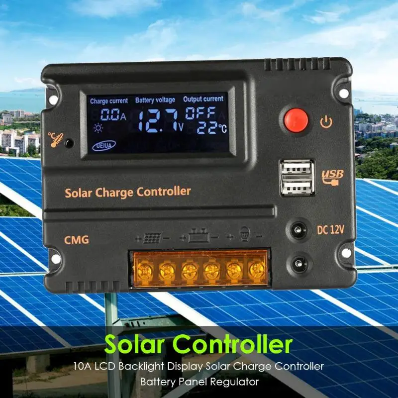 10A 12V/24V LCD Display Solar Controller PWM Solar Panel Automatic Regulator Automatic Identification of Lead-Acid Battery