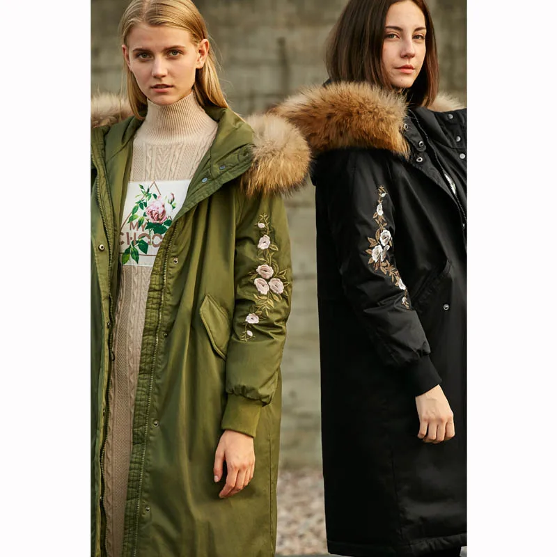 Fourrure Amii 2018 Lumière De Jackes Vintage D'hiver Chaud 90 Down Blanc navy Dow White Col Dow Long Femmes Broderie Casual Green Duvet Army Canard Épais army black Green Floral Coat Manteau Blue xYZYr7qnw