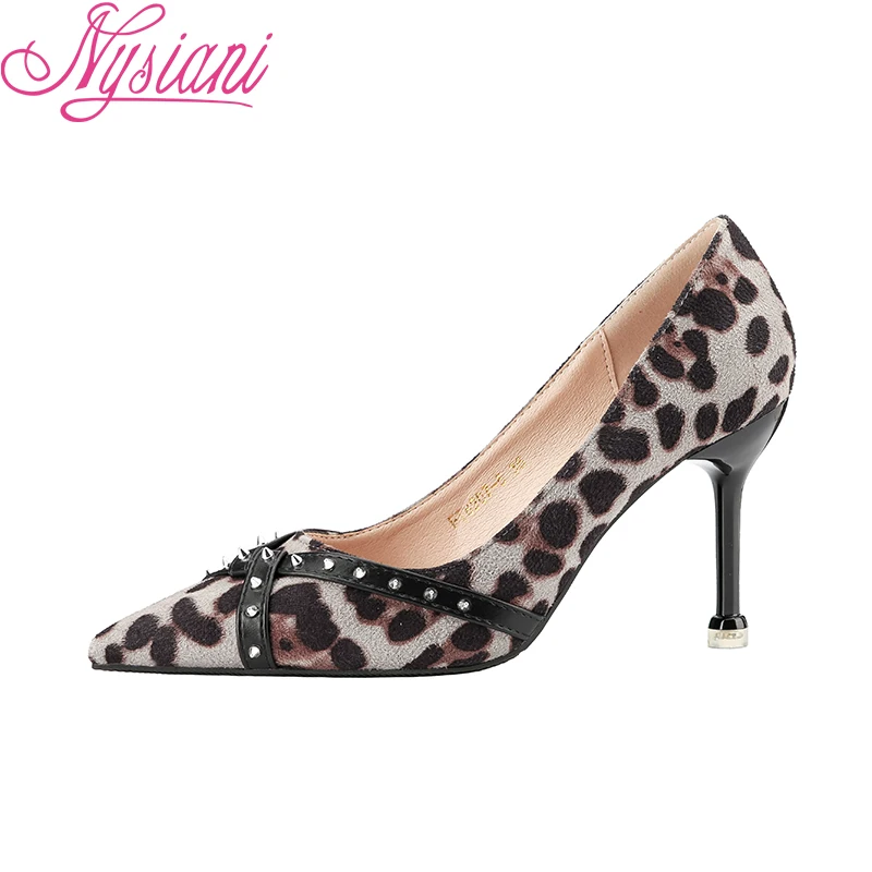 

2019 Spring Party Dress Pointed Toe High Heels Shoes For Women Leopard Riveted Slip-on Sexy Thin Heels Women Shoes Pumps Nysiani