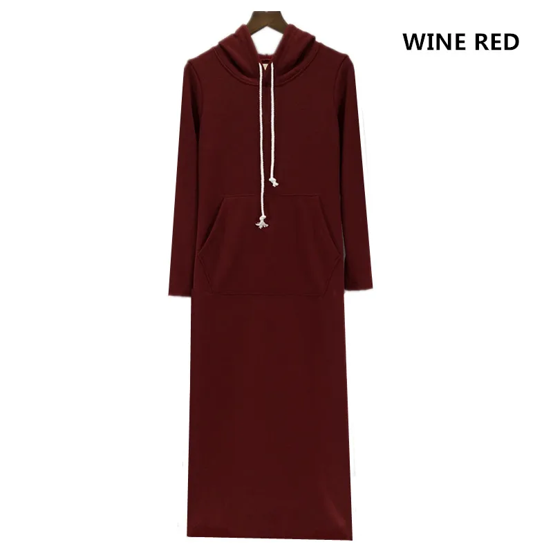 Женская Осенняя зимняя флисовая толстовка с капюшоном, толстовка с карманом, Повседневное платье с длинным рукавом, размера плюс S-5XL 6XL, весеннее платье черного цвета - Цвет: Wine Red