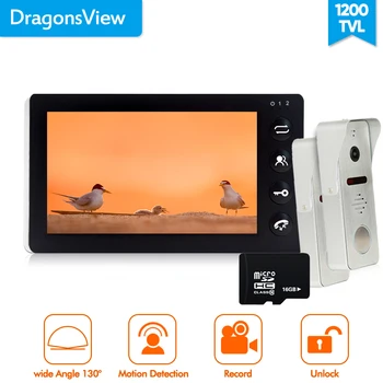 

Dragonsview 7 Inch Video Intercom With Recording 16GB SD Card 1 Black Indoor Monitor +2 Outdoor Doorbells Motion Alarm Unlock