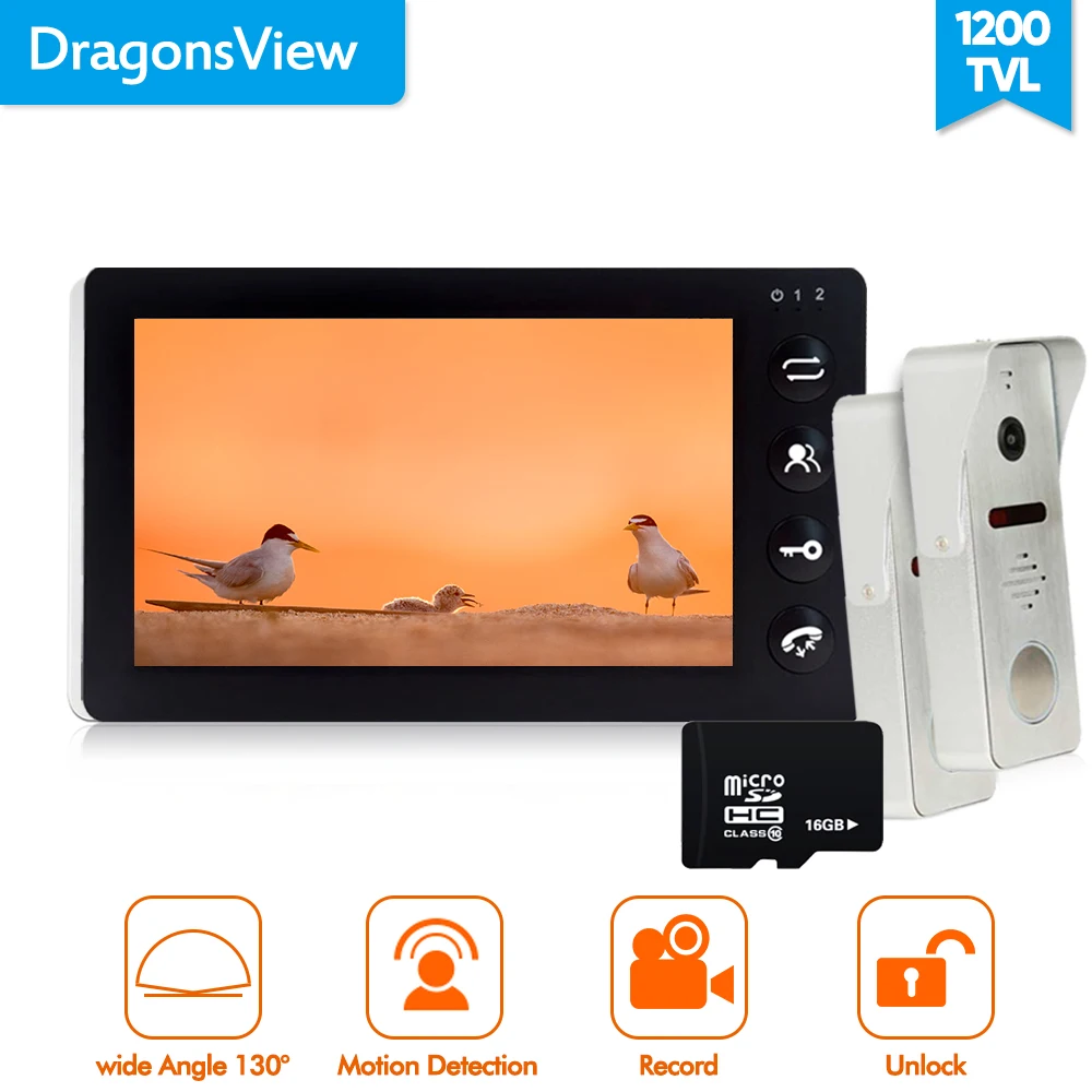 Dragonsview 7 Inch Video Intercom With Recording 16GB SD Card 1 Black Indoor Monitor +2 Outdoor Doorbells Motion Alarm Unlock