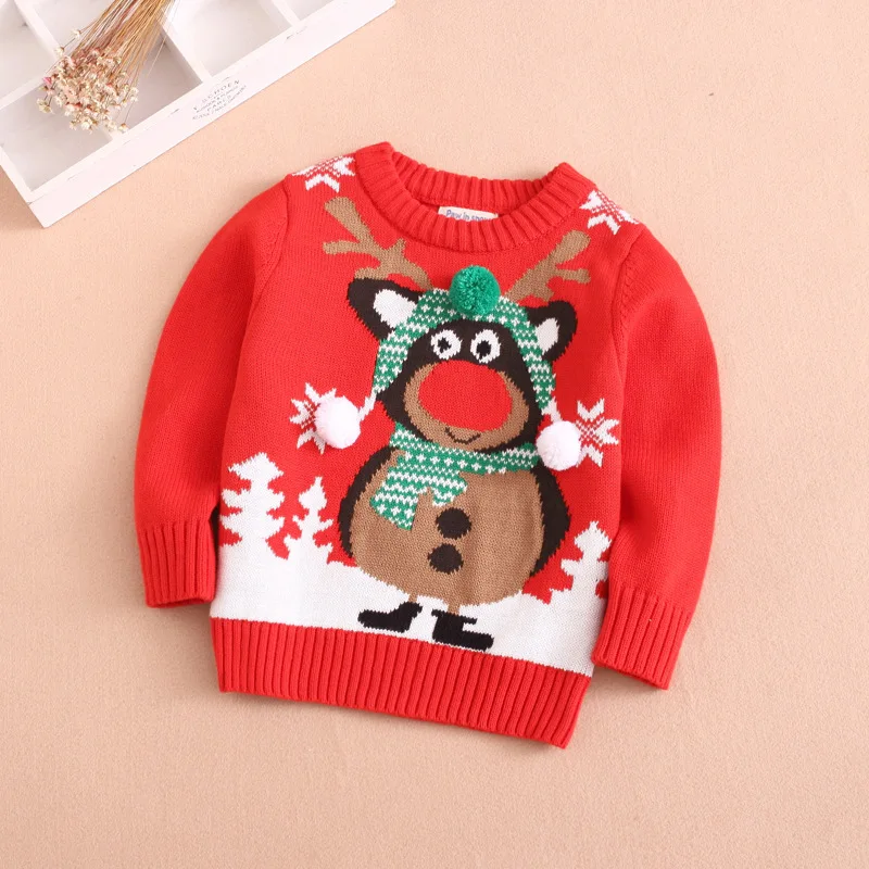 

Toddler Girls Christmas Sweaters Baby Boys O-neck Christmas Sweaters Little Girls Red Cartoon Sweaters Children's Unisex Clothes