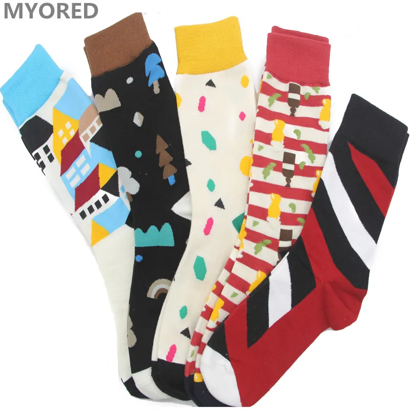MYORED мужские летние носки из чесаного хлопка, Длинные забавные зимние носки большого размера, sokken meias, свадебный подарок, 5 пар/лот