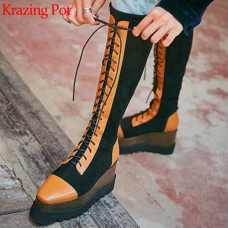 

krazing pot 2020 square toe cow leather mixed color flock lace up keep warm thick bottom high heels stretch thigh high boots l18