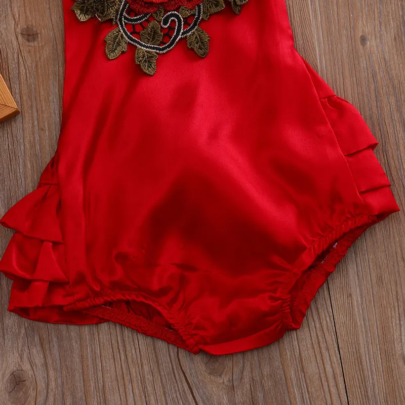 Summer Baby Clothes Big Flower Embroider Ruffle Baby Girls Bodysuit Halter Soft Satin Baby Girls Outfit Floral Kids Clothes  (4)