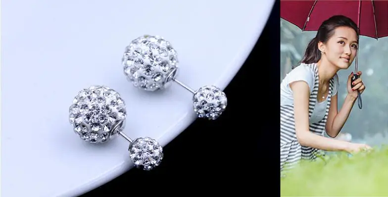 100% 925 sterling silver fashion shiny double Shambhala ball crystal ladies`stud earrings jewelry Anti allergy drop shipping