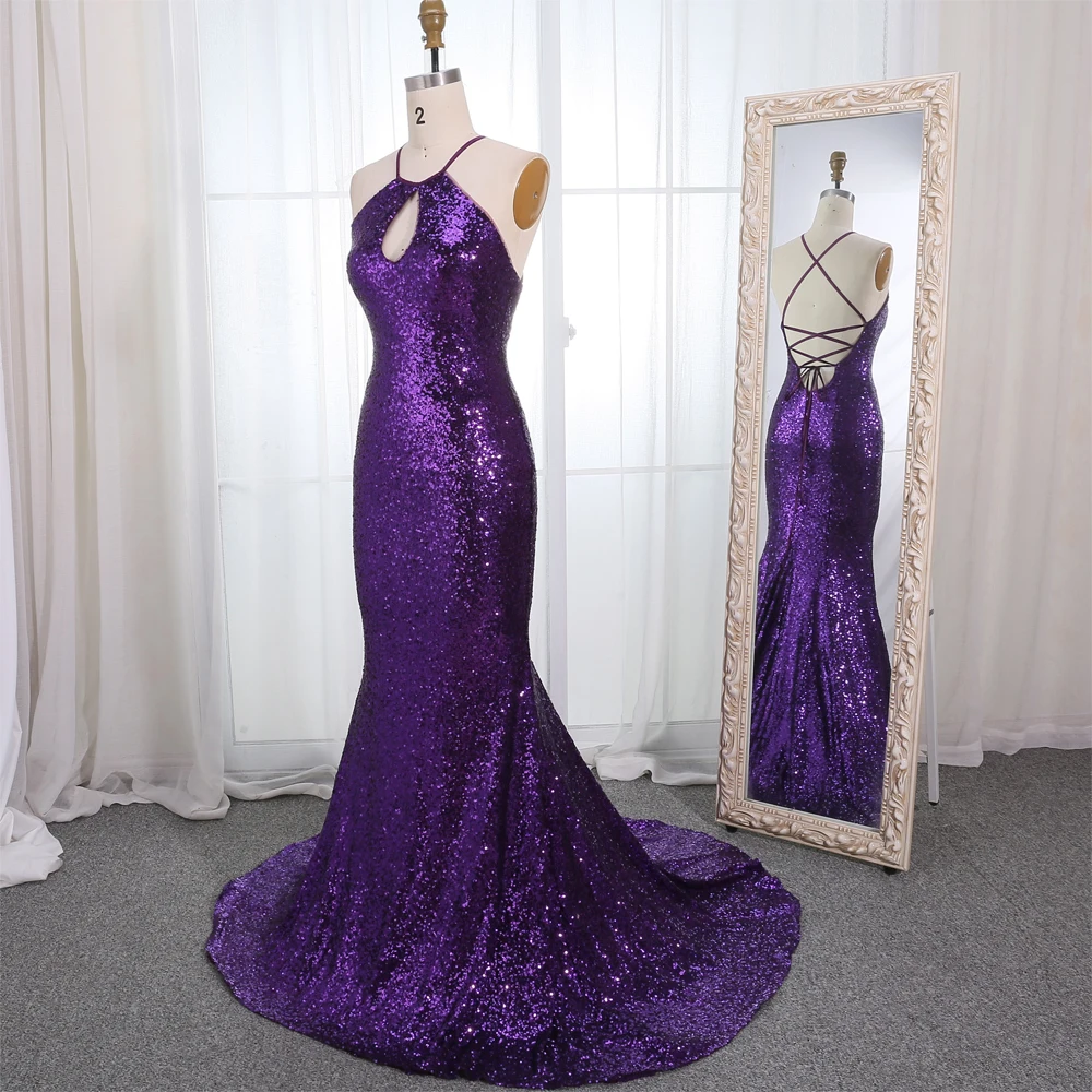 BeryLove Модные фиолетовые Вечерние платья с блестками Длинные вечерние платья с открытой спиной Женские Элегантные вечерние сексуальные платья на выпускной