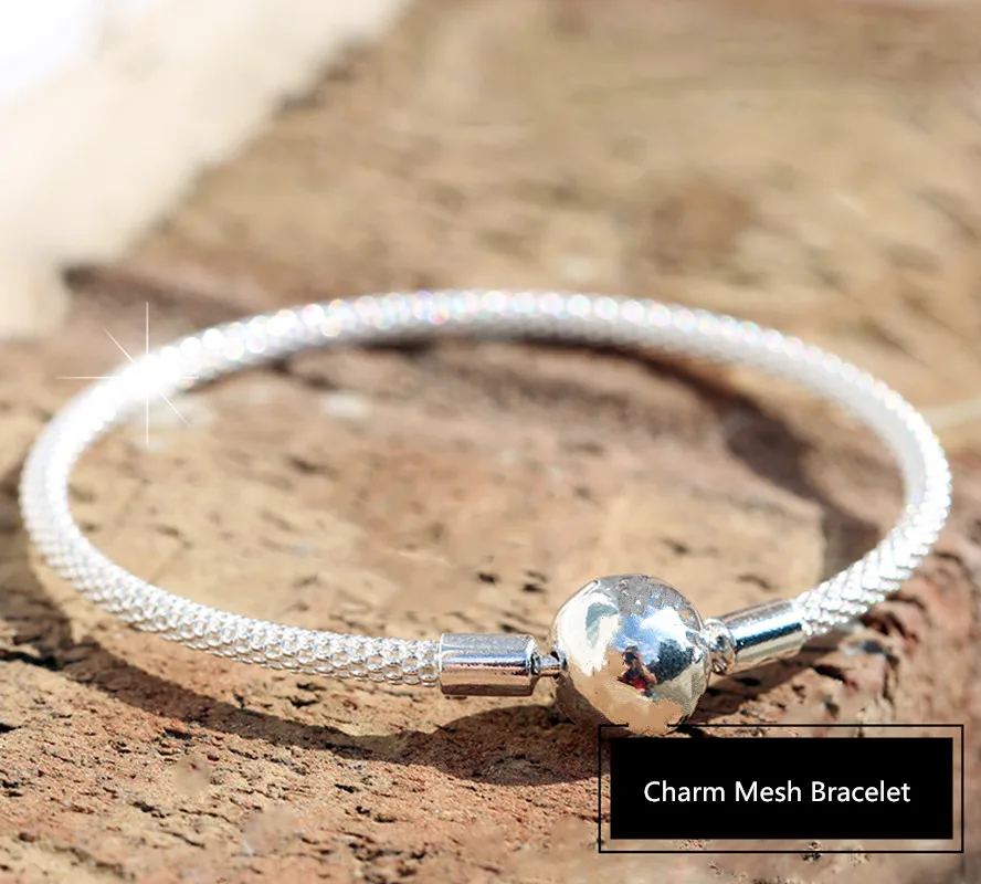 

2019 NEW Charm Engraved S925 Sterling Silver Mesh Bracelet pandoras bangle Smooth Hand chain women jewelry,1pz