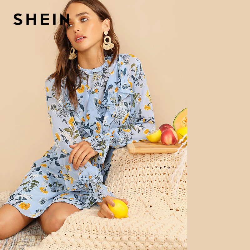 

SHEIN Boho Blue Botanical Print Ruffle Trim Stand Collar Belted Dress Women 2019 Spring Autumn A-Line Shift Mini Elegant Dresses