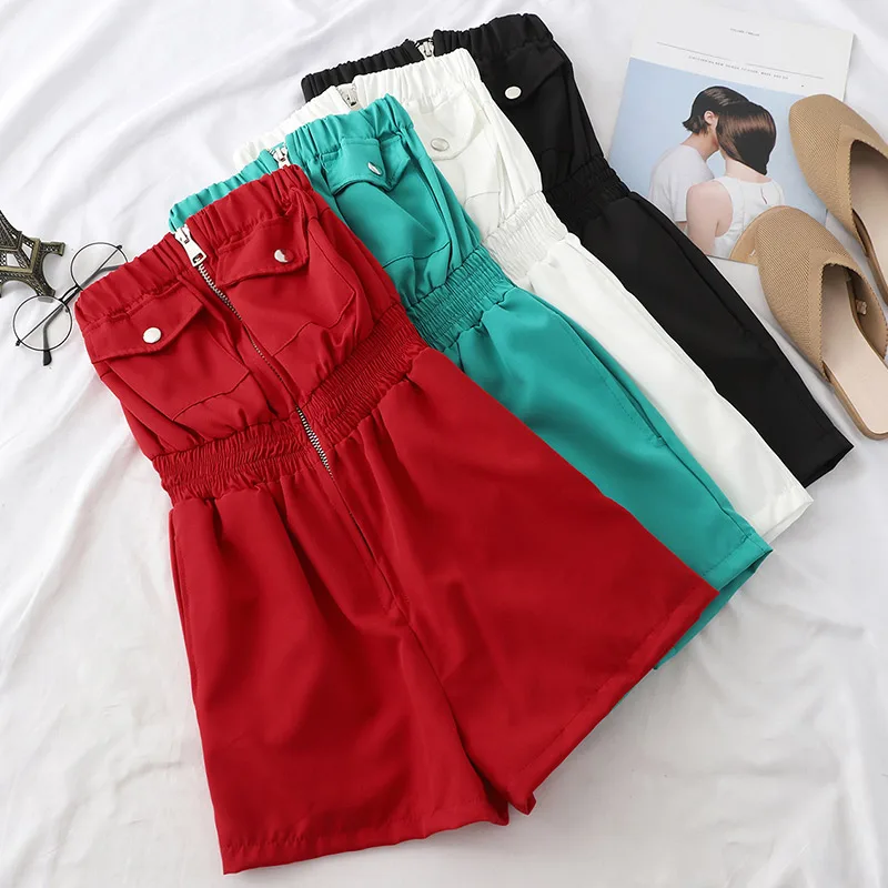 

Women's Off Shoulder High Waist Playsuit Tube Top Wide Leg Zipper Womens Romper 2019 Summer Strapless Solid Female Playsuits