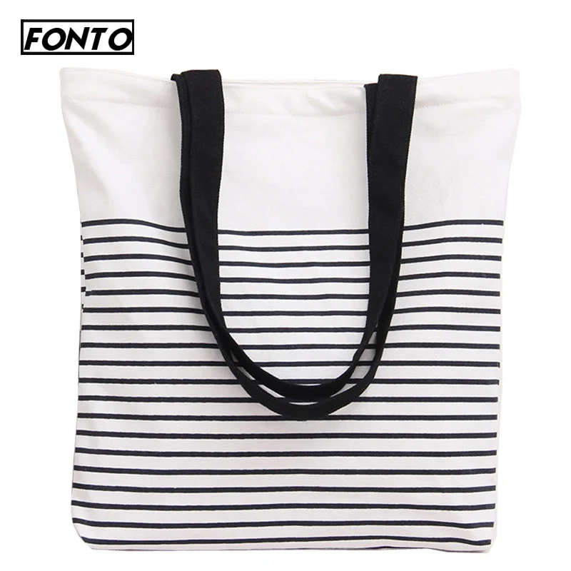 

FONTO Canvas Bags Zipper Eco Shoulder Sackbag Women Stripe Shopping Tote Holiday Beach Bag Casual Handbag