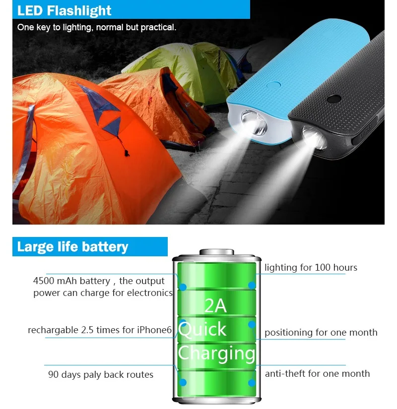 Prazata GPS Tracker Car Tracking Device 2G GSM GPS Locator Power Bank Flashlight Real time SOS Magnet Shock Alarm Free Web APP