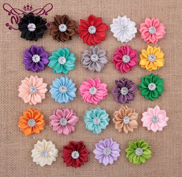 

Nishine 24 Colors Satin Ribbon Multi-layer Flowers With Acrylic Button Center Diy Hair Flowers For Girls Cloth Head Accessories