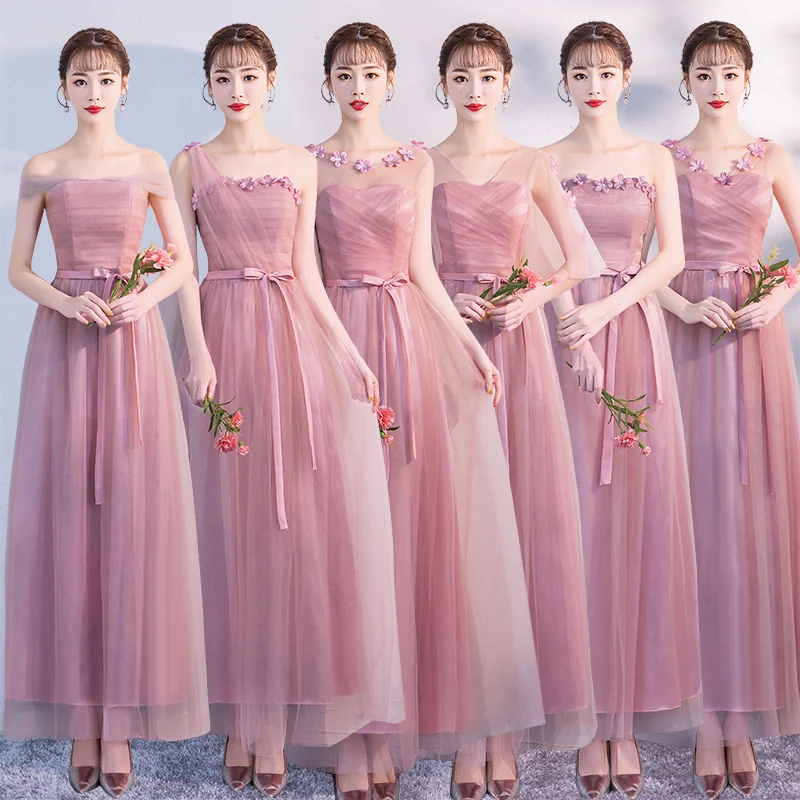 

Plus Size Bridesmaids Dresses Elegant Wedding Guest Long Party A-Line Tulle Formal Sister Prom Champagne Junior Pink Dress