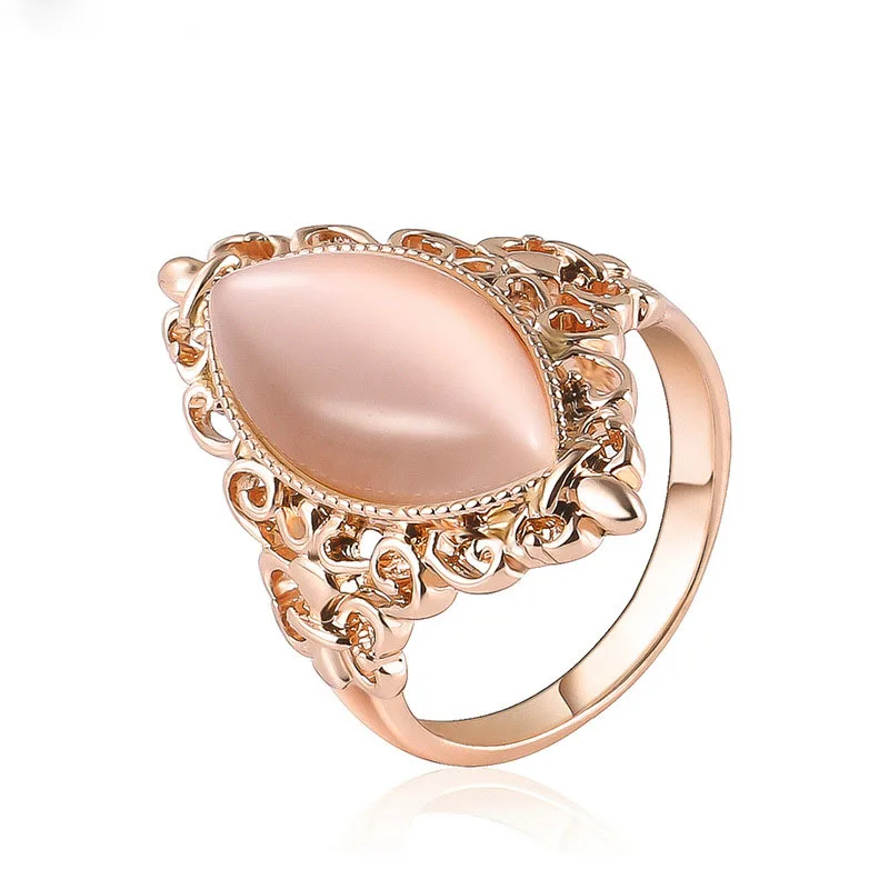 SHUANGR Charm Pink Opal Crystal Jewelry Promise Engagement Rings For Women Rose Gold Color Hollow Pattern Wedding Ring