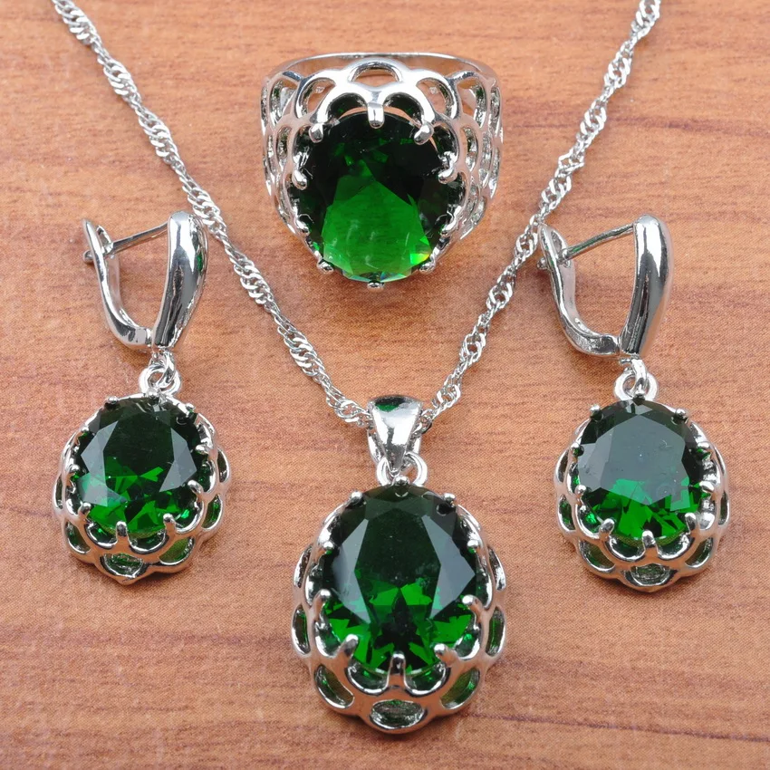 

Ladies Silver 925 Jewelry Sets 2019 Green Stone Cubic Zirconia For Women Wedding Jewelry Rings/Earrings/Pendant Necklace JS0162