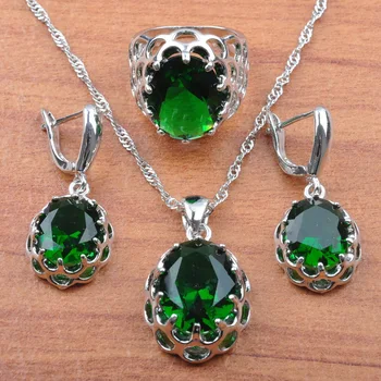 

Necklace Earrings Set For Women Silver Color Jewelry Sets Wedding Jewellry Green Stone Cubic Zirconia Rings Pendant Hot JS0162