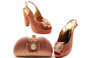 

Hot sale peach women high heel shoes match handbag set with rhinestone bowtie style african pumps and bag for dress X53