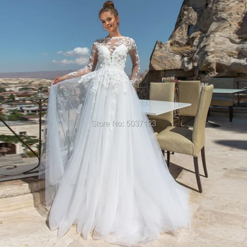 

A Line Wedding Dresses Vestido De Novias Lace Appliques Flowers Long Sleeves Backless Bridal Wedding Gown Marriage Longo