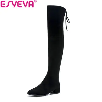 

ESVEVA 2019 Women Boots Square Heels Stretch Fabric Spring Autumn Shoes Over The Knee Boots Pointed Toe Boots Woman Size 34-42