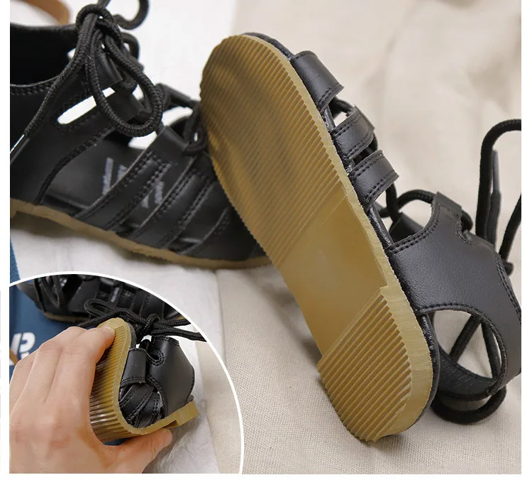 Детские сандалии крутая детская обувь сандалии на мягкой подошве для девочек римская обувь на шнуровке Повседневная пляжная обувь кожаная обувь принцессы 21-30