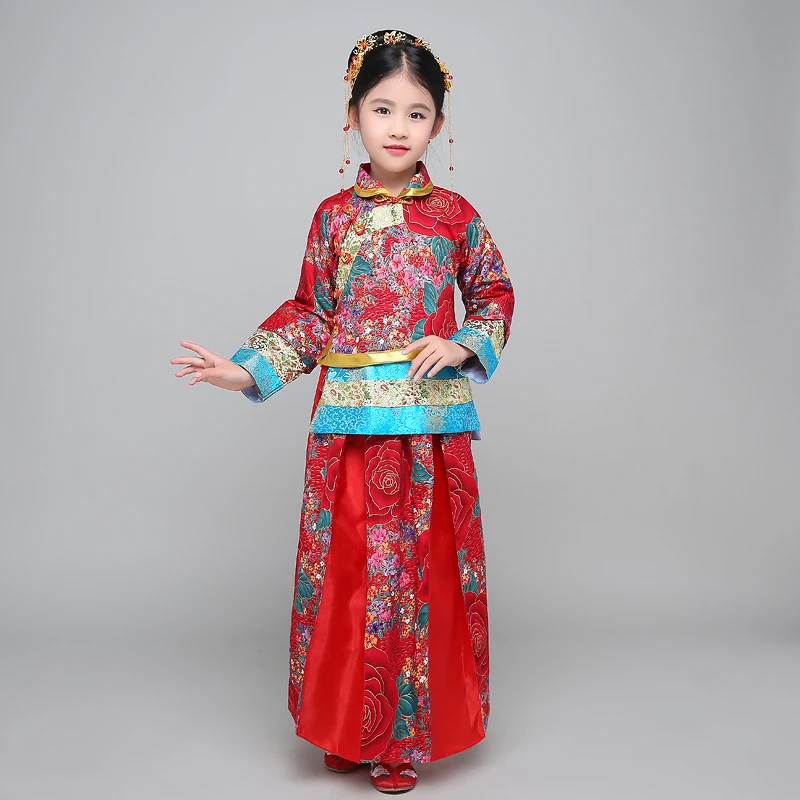 Китайский народный танец костюм hanfu костюм династии Тан Национальный для девочек платье феи детское древних Винтаж xiuhe Свадебное платье