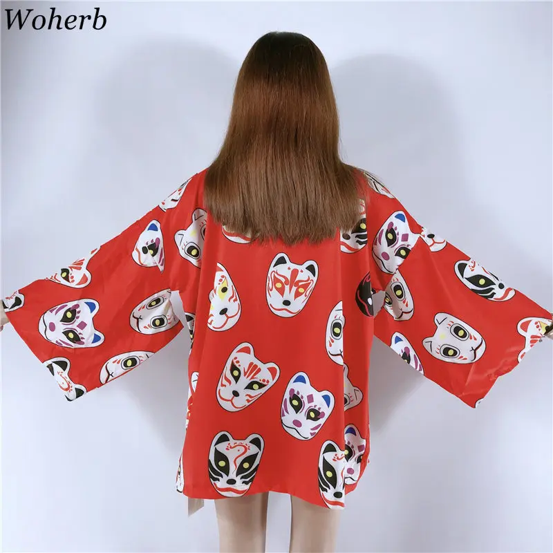 

Woherb Harajuku Kimono Cardigan Womens Tops Blouses Print Japanese Mask Vintage Blusas Women Man Outwear Shirt 2019 Summer 21194