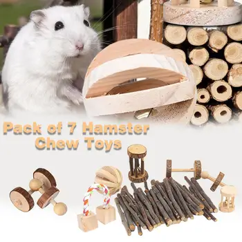

7pcs Wooden Pet Toys Hamster Rabbit Bird Cat Dog Play Teething Supplies Pine Dumbbells Exercise Ball Roller Fun Balls Bar Set