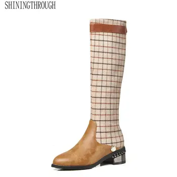 

New Women Square High Heel Womwn Boots Fashion Knee High Zipper Women Shoes Black Brown 2color Spring Autumn Party Shoes