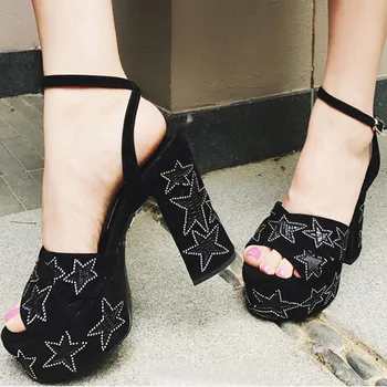 

Sexy Shoes Woman Platform Sandals Peep Toe Embellished Rivets Chunky High Heel Buckle Strap Women Party Shoes босоножки женские