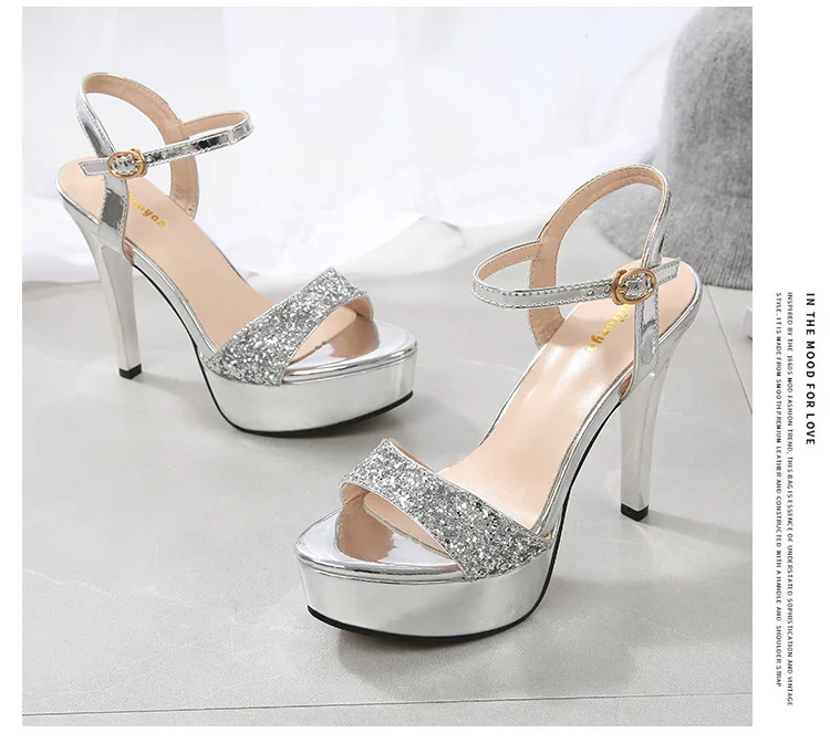 Золотистые Босоножки на платформе; женская обувь на высоком каблуке; zapatillas mujer; коллекция года; босоножки на высоком каблуке; женская свадебная обувь на блестящем каблуке