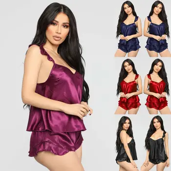 

Women Satin Silk Lace Sleepwear Babydoll Lingerie Nightwear + Shorts Pyjamas Set
