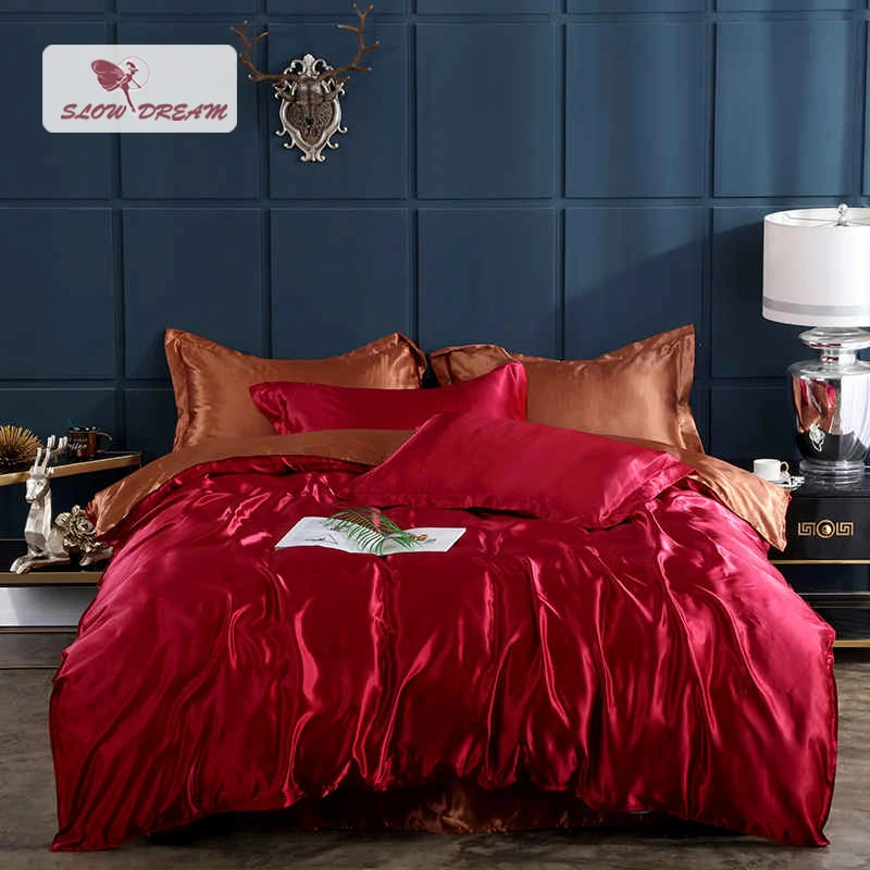 

SlowDream Bedding Set Luxury 100% Silk Duvet Cover Rubber Sheet On Elastic Band Fitted Sheet Double Home Textiles Euro Bedspread
