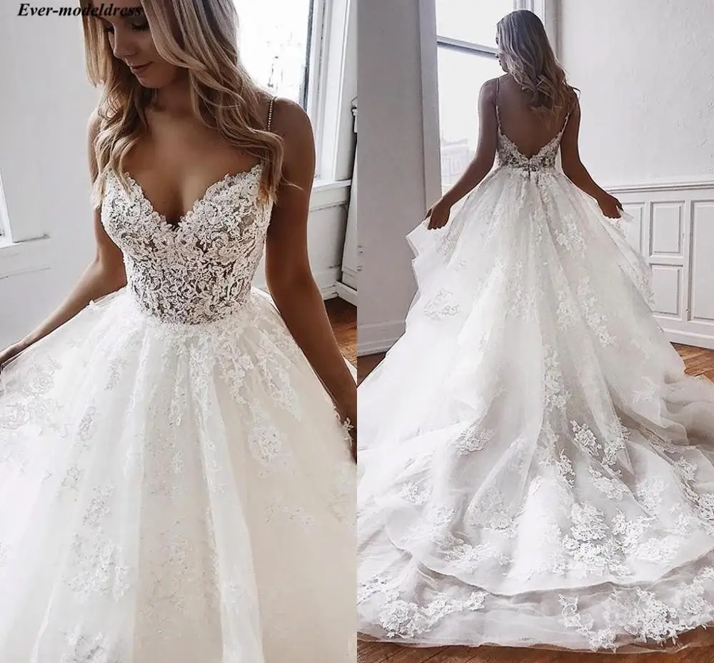 

Gorgeous Wedding Dresses 2019 A-Line Spaghetti Straps Backless Lace Appliques Bridal Gowns Plus Size Customized Vestido De Noiva