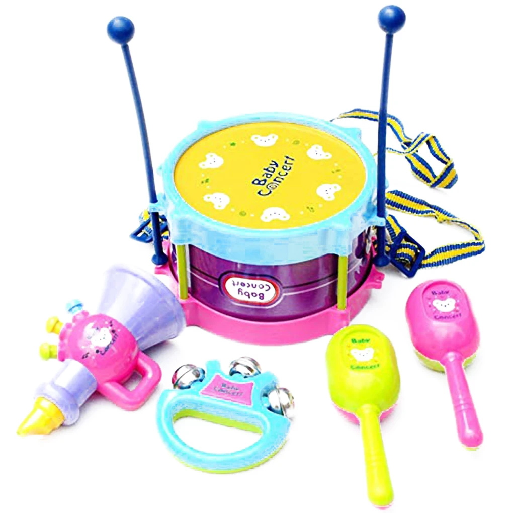 5PcsSet Cartoon Baby Hand Drum Toys Musical Bell Drum Kids Early Educational Grasping Toy Beat Instrument Handbell Baby Good