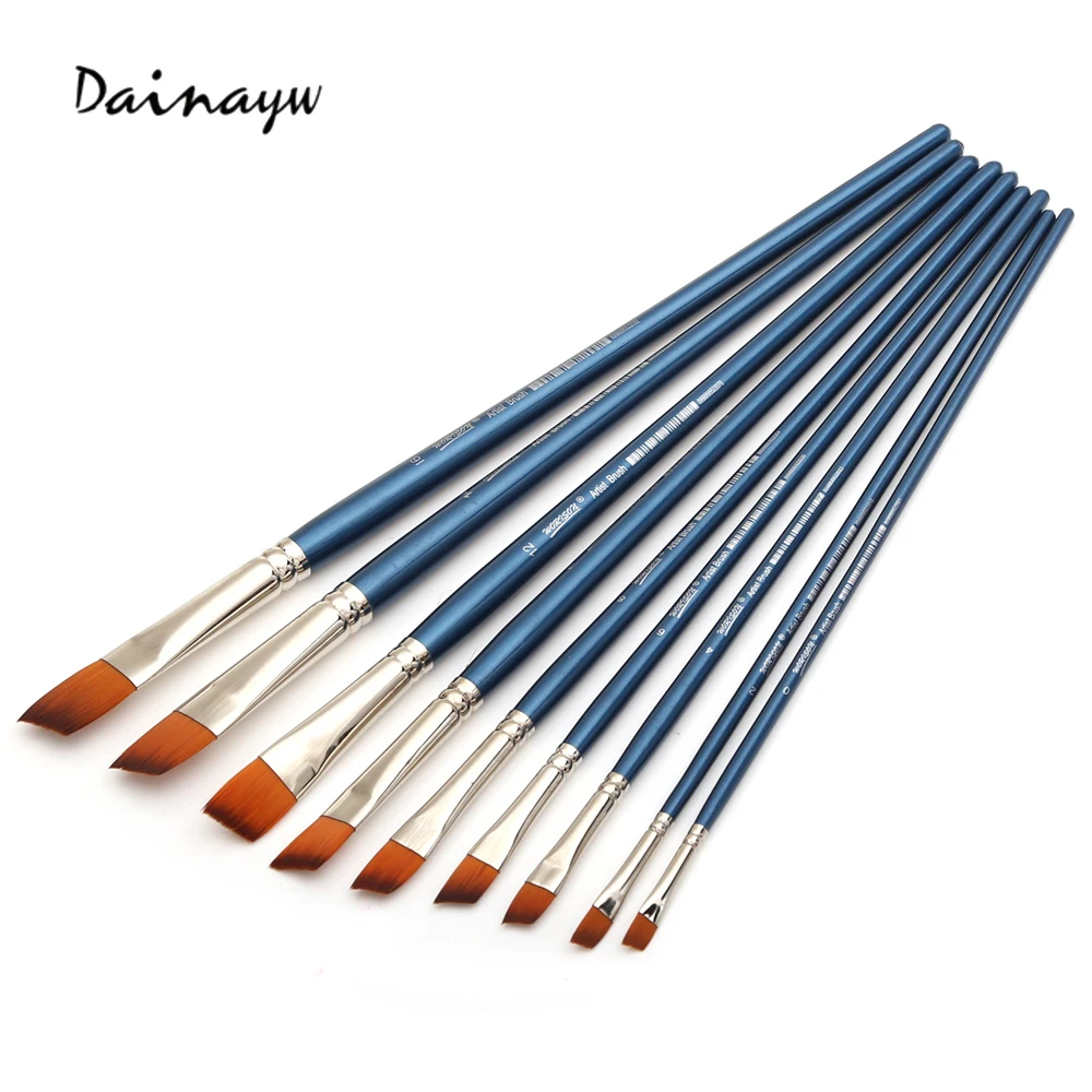 Goedkoop Dainayw 9 stks set Nylon Haar Lange Handvat Penseel Schuine Vorm Aquarel Borstel Voor Olie Acryl Borstel Kunst Levert