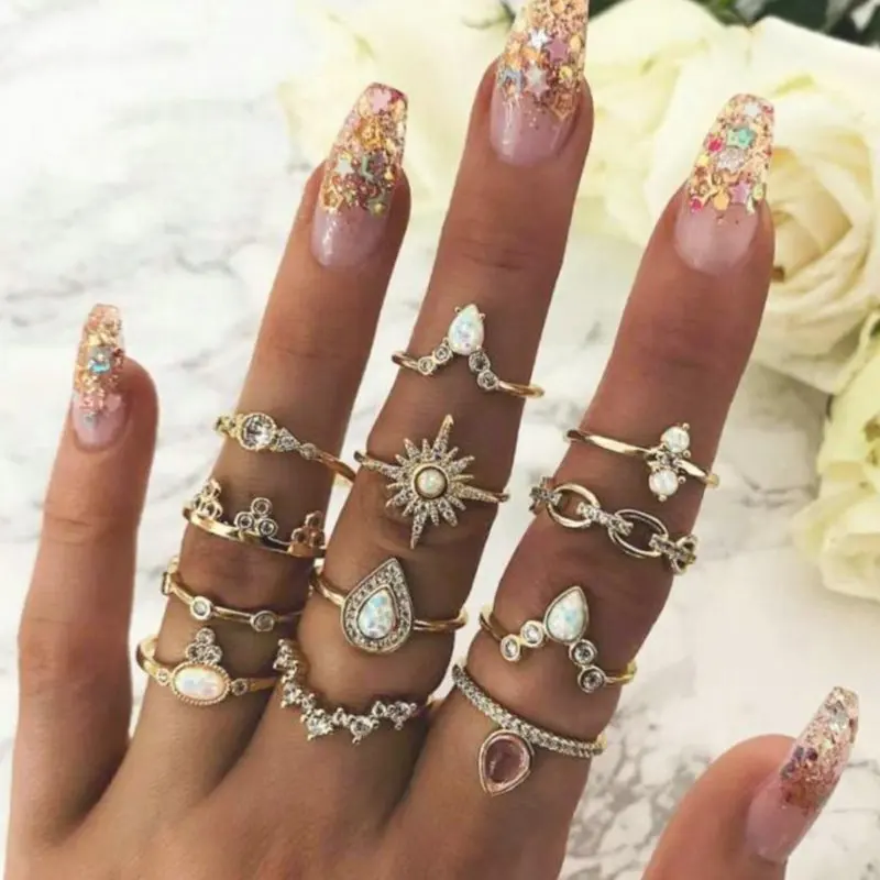 

12PCS Bohemian Retro Crown Water Drop Stars geometric Crystal Stone Ring Set Women Charm Joint Ring party Wedding Jewelry Gift