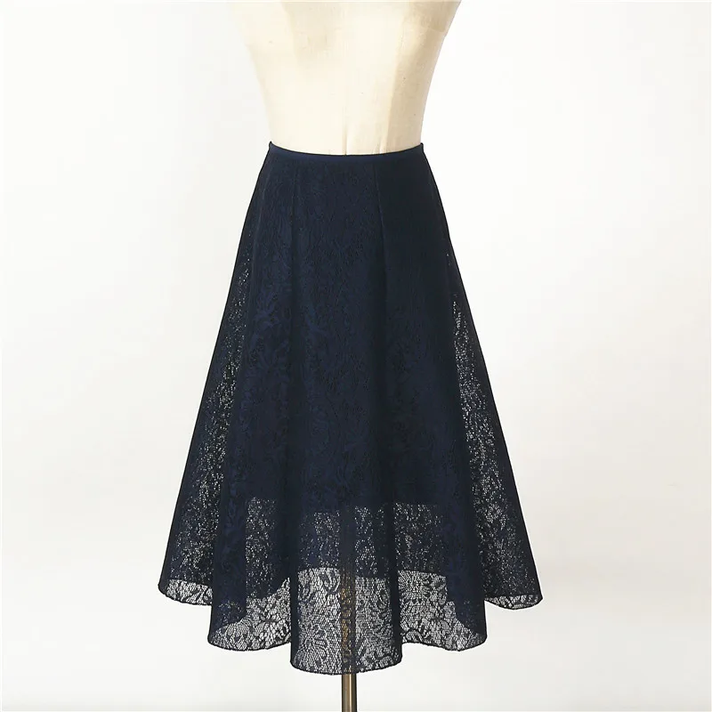 Женская юбка миди, Осень-зима, модная, винтажная, однотонная, открытая, кружевная, высокая талия, элегантная, для девушек, юбка Saia faldas SK7001 - Цвет: dark blue