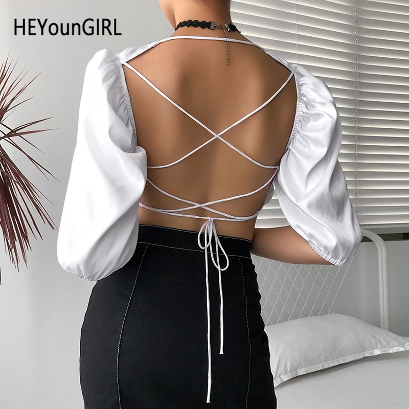 HEYounGIRL открытая атласная белая футболка женская элегантная футболка с коротким рукавом женская бандажная Сексуальная футболка женская летняя