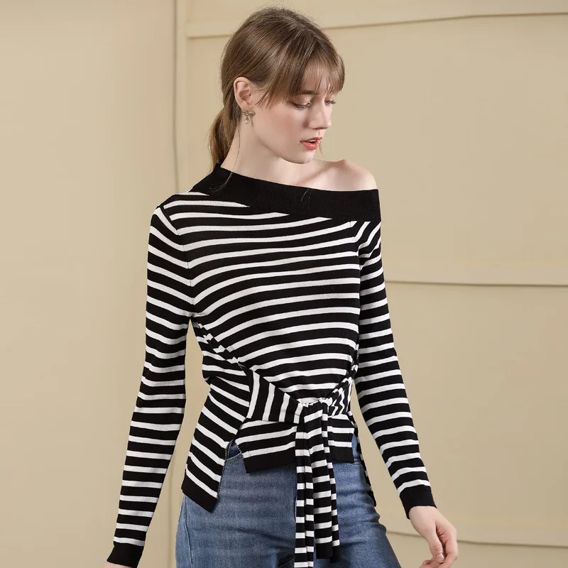 Striped one off shoulder elastic knit pullovers sweater shirts 2018 new long sleeve women autumn sweater