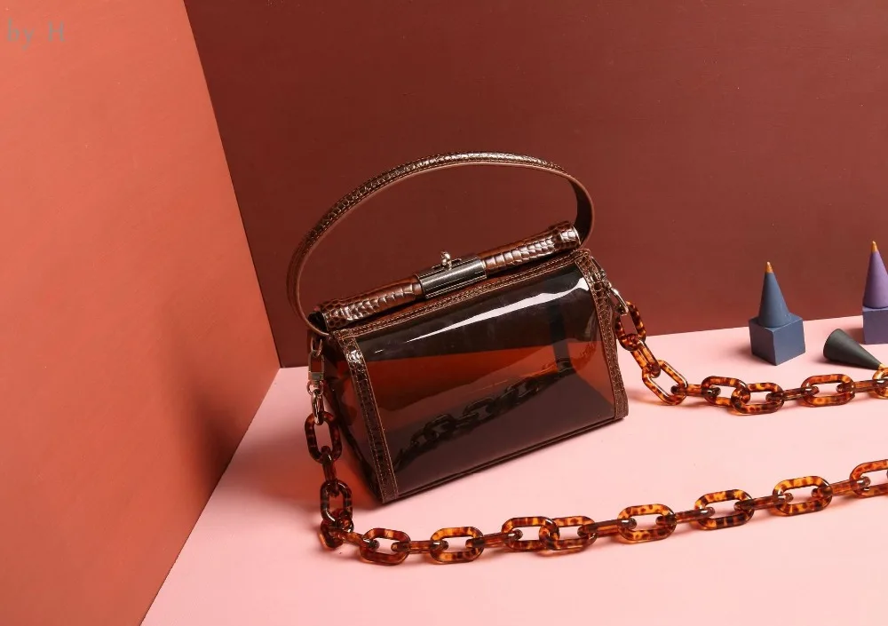 

by H 2019 Clear Transparent PVC Shoulder Bags Women Jelly Bags Purse Embossed shoulder bag acrylic chain bag alligator vintage