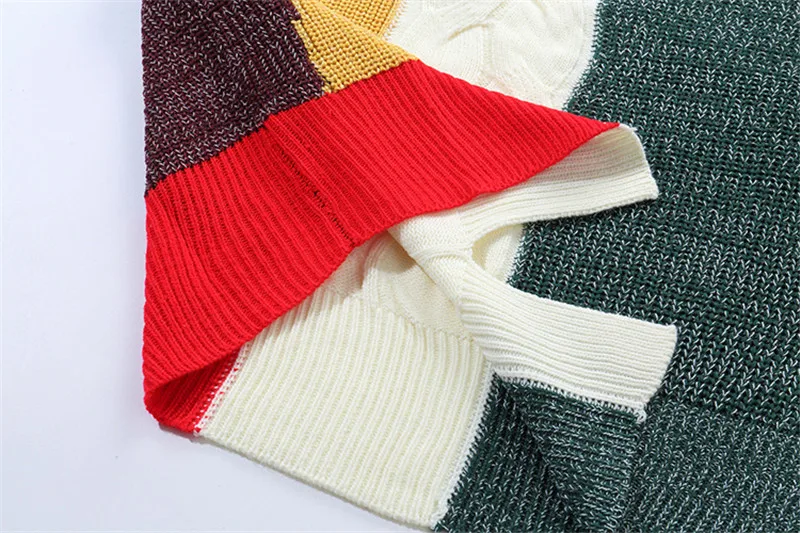 Зима негабаритных контраст Цвет полосой свитера сращены лоскутное High Street шерсть пуловер свободные хлопковые пальто Для мужчин хип-хоп плюс