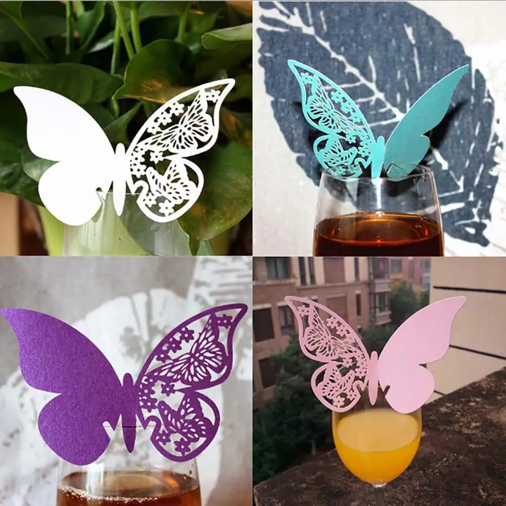 

New 50pcs Glass Laser Cut Butterfly Table Mark Place Escort Wine Glass Cup DIY Paper Card for Wedding Party Festival Supply BB4